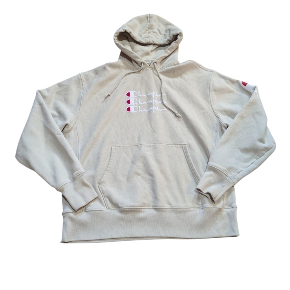 Champion Reverse Weave Hoodie Sweatshirt Cream Ecru Kangaroo Pocket XL